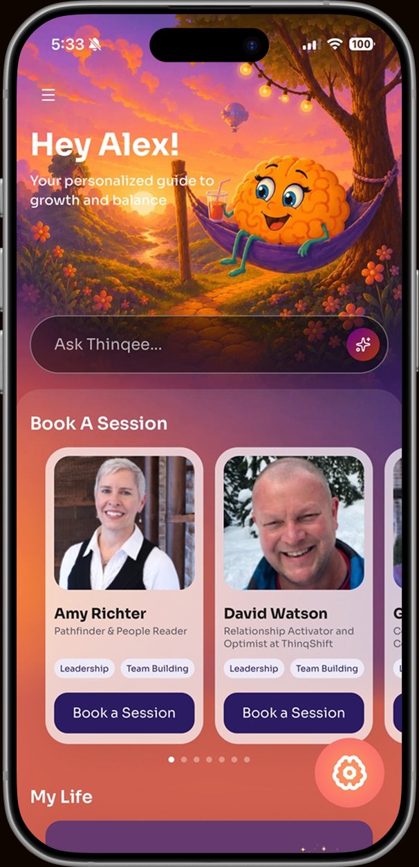 The Thinqee home screen, with real certified ThinqShifters available to book a session
